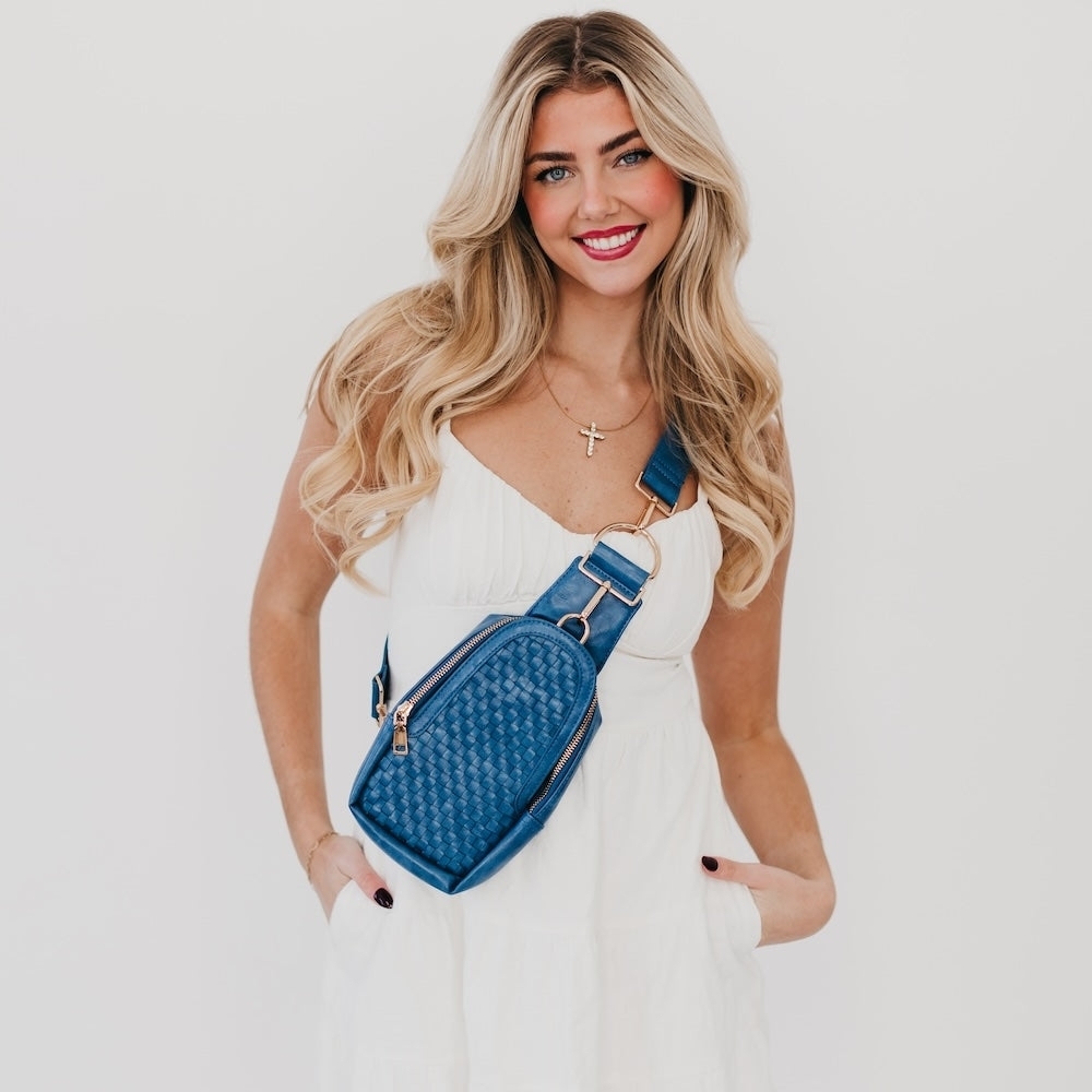 Pretty Simple Women's Waverly Navy Woven Vegan Leather Sling Crossbody Bag - Picture 2 of 8